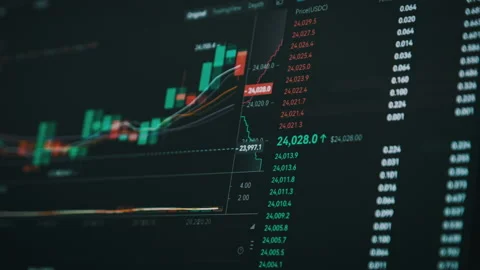 Bitcoin Trading with Price Evolution, Cryptocurrency Exchange Chart Online Stock Footage 204839720