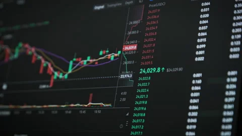 Bitcoin Trading with Price Evolution, Cryptocurrency Exchange Chart Online Stock Footage 209683296