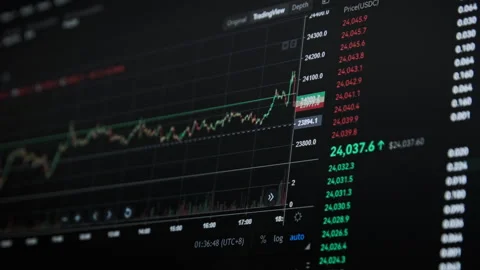 Bitcoin Trading with Price Evolution, Cryptocurrency Exchange Chart Online Stock Footage 214148896