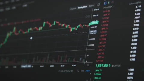 Bitcoin Trading with Price Evolution, Cryptocurrency Exchange Chart Online Stock Footage 214150812