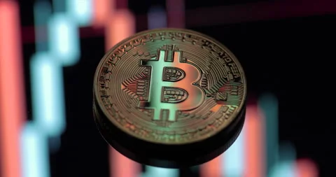 Bitcoin Trading - Static Coin with Red &amp; Green Candles Chart Background, 4K Video stock 144409138