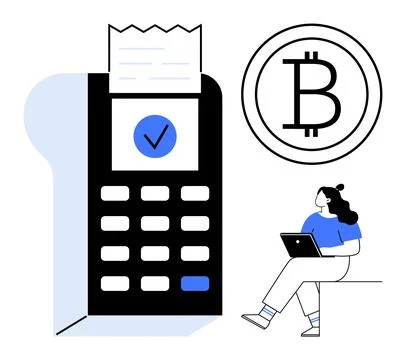 Bitcoin Transaction with Payment Terminal and Person Using Laptop, Financia.. Stockillustratie