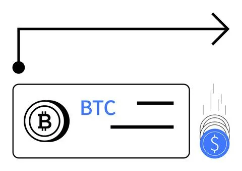 Bitcoin transaction process depicted with BTC icon, coins, and an arrow sym.. Stock Illustration