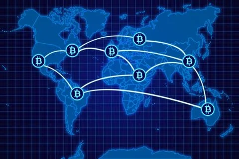 Bitcoin transactions on a blue world map Stock Illustration
