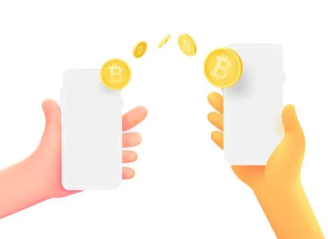Bitcoin transfer using smartphones concept. Minimal style 3d vector illustrat Stock Illustration