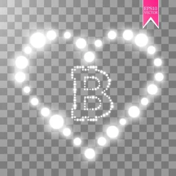 Bitcoin on the transparent background with shine heart and glitters stars and Stock Illustration