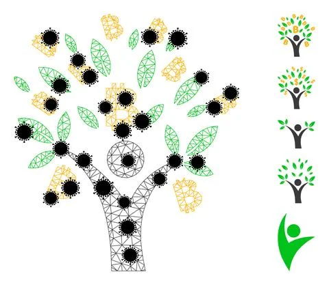 Bitcoin Tree Man Wireframe Mesh Pictogram with Covid Elements Stock Illustration