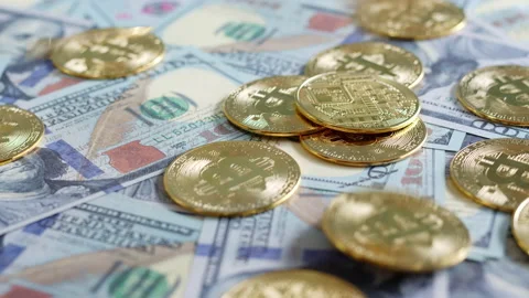 Bitcoin on US dollar banknote, cryptocurrency financial and in investment Stock Footage 147304650