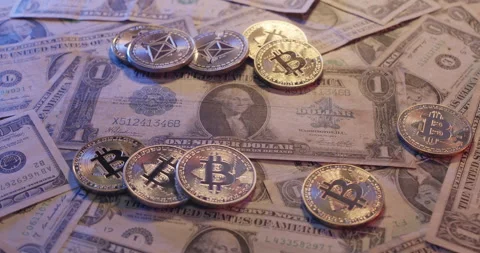 Bitcoin on US Dollar banknotes, rare silver certificate Dollar bill Stock Footage 176955366
