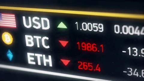 Bitcoin, US dollar, Ether comparison, cryptocurrencies falling, financial crisis Stock Footage