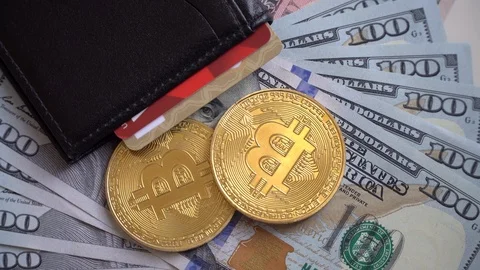 Bitcoin, USA dollars with Wallet and Credit Card Stock Footage 86777972