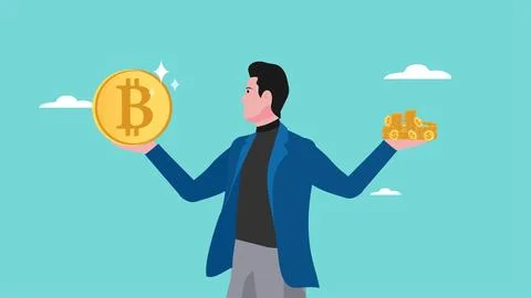 Bitcoin value, comparison of the value of bitcoin currency with dollars or .. 库存插图