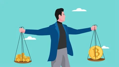 Bitcoin value, comparison of the value of bitcoin currency with dollars or .. Stock Illustration