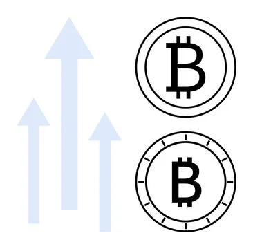 Bitcoin Value Increase Symbols with Vertical Arrows Indicating Growth Trend.. Ilustración de archivo