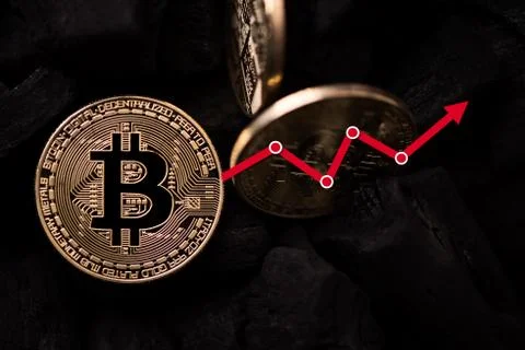 Bitcoin with value increase white arrow charts Stock Photos