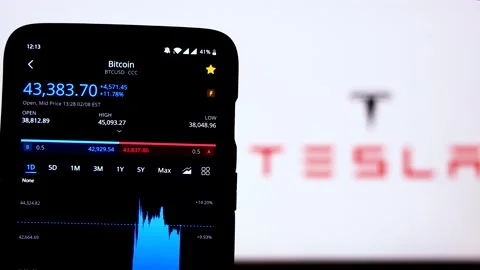 Bitcoin value in USD on a smartphone against the Tesla logo in the background. B Stock Footage 148119683
