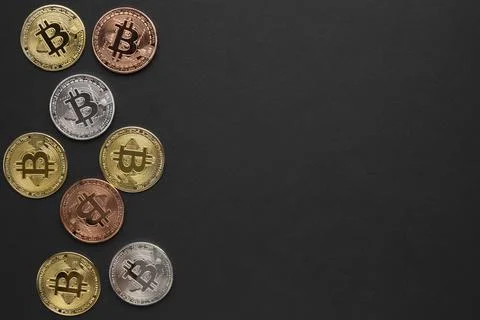 Bitcoin various colors with copy space. High quality photo Stock Photos
