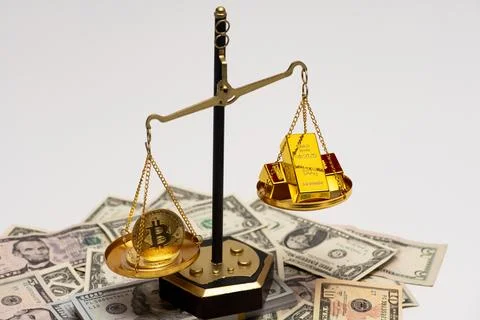 Bitcoin versus gold store of value. Gold reserve competing with bitcoin crypto Stock Photos