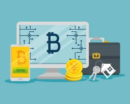 Bitcoin virtual currency in the computer and smartphone Illustrazione stock