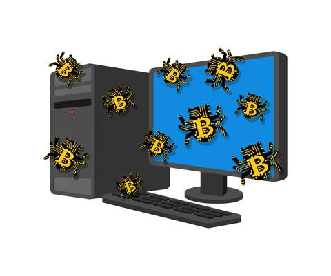 Bitcoin virus bug infected computer. Digital currency computer virus. 스톡 일러스트