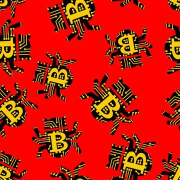 Bitcoin virus bug pattern seamless. Digital currency computer virus backgroun Illustrazione stock