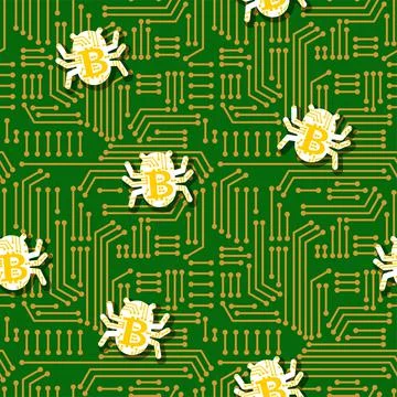 Bitcoin virus bug pattern seamless. Digital currency computer virus backgroun Illustrazione stock