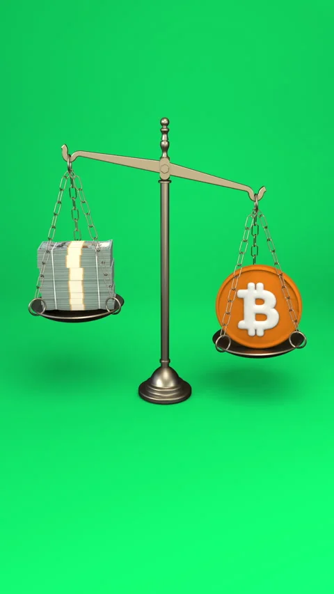 Bitcoin vs dollar balance scale – looped background. Stock Footage 327313451