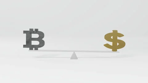 Bitcoin vs dollar, seesaw animation. Crypto versus USA dollar, seamless loop Stock Footage 237691296
