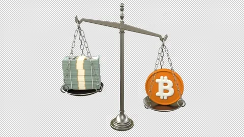 Bitcoin vs dollar stacks balance scale – 3d render looped with alpha channel. Видео 339681184