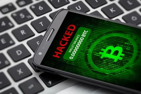 Bitcoin wallet hacked message on smart phone screen. cryptocurrency theft con Stock Illustration