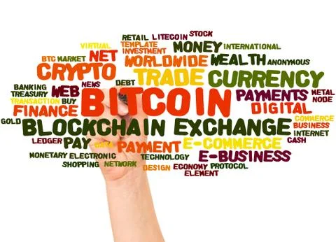 Bitcoin word cloud and hand with marker concept 스톡 일러스트