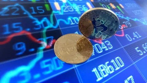 Bitcoins on an animated stock chart background in 4k Video stock 155356864