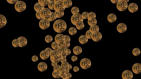 Bitcoins are falling on a black background with a depth of field, beautiful 3d  Stock Footage 89173973