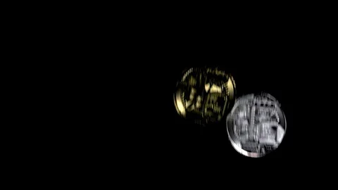 Bitcoins are falling on a black background. Slowmotion shot tossing bitcoin Stockbeeldmateriaal 115943795