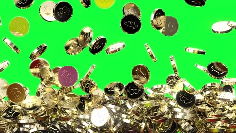 Bitcoins are falling dawn, a green background Stock Footage 156014890