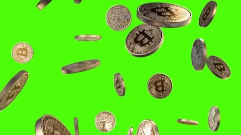 Bitcoins are falling on a green background Stock Footage 77429100