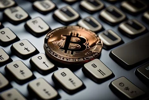 Bitcoins are shown on a computer keyboard in the backdrop. notion of a virtual Stock Illustration