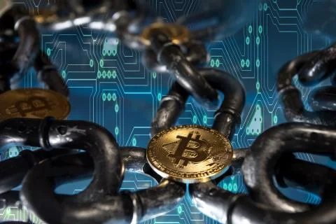Bitcoins in a blockchain, technology for cryptocurrency Stock Photos