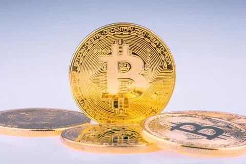 Bitcoins on clear background Photos