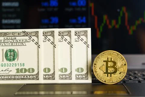 Bitcoins coin and banknotes on keyboard compute with market price chart backg Stock-Fotos