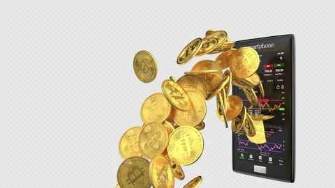 Bitcoins coming out of Smartphone - 3d render with alpha channel. Stock Footage 201448450
