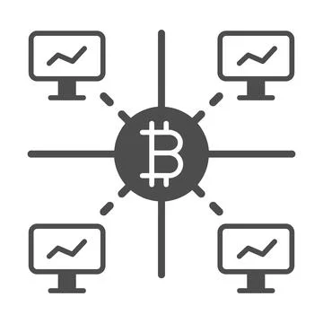 Bitcoins in computer network solid icon, cryptocurrency concept, BTC net Stock Illustration