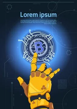 Bitcoins Crypto Currency Concept Robot Hand Touching Bit Coin Digital Web Money 스톡 일러스트