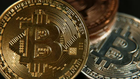 Bitcoins cryptocurrency close up gold silver bronze pt 6 of 6 Stock Footage 149733382