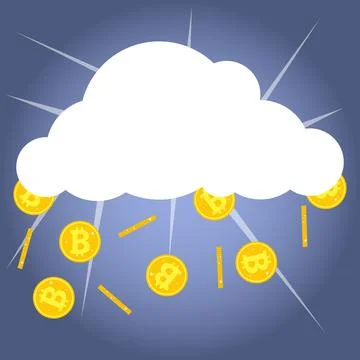 Bitcoins drop out of the cloud, gold coins of bitcoin on a blue background. Stock Illustration