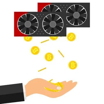 Bitcoins fall into the hand. The hand catches bitcoins from the video card. Stock Illustration