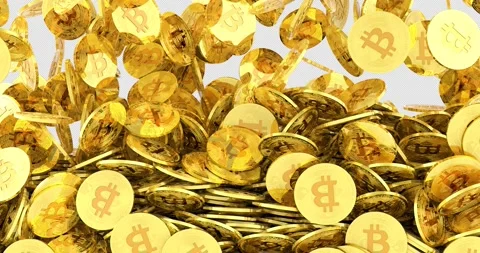 Bitcoins falling and fill the screen. 3D animation on transparent background Stock Footage 299952129