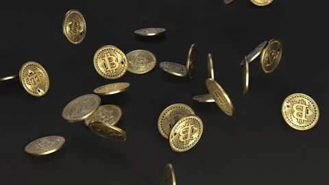 Bitcoins Falling, blockchain technology for cryptocurrency, on a black floor Stock Footage 138537112