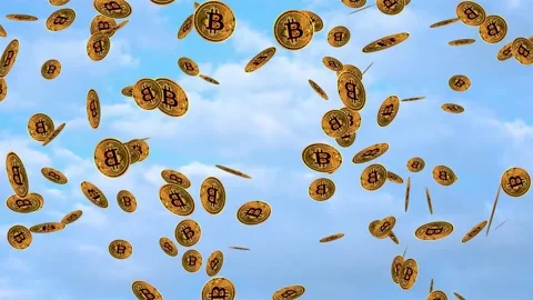 Bitcoins falling down with the blue sky as a background Stock Footage 154816954