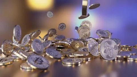 Bitcoins falling on a pile Stock Illustration